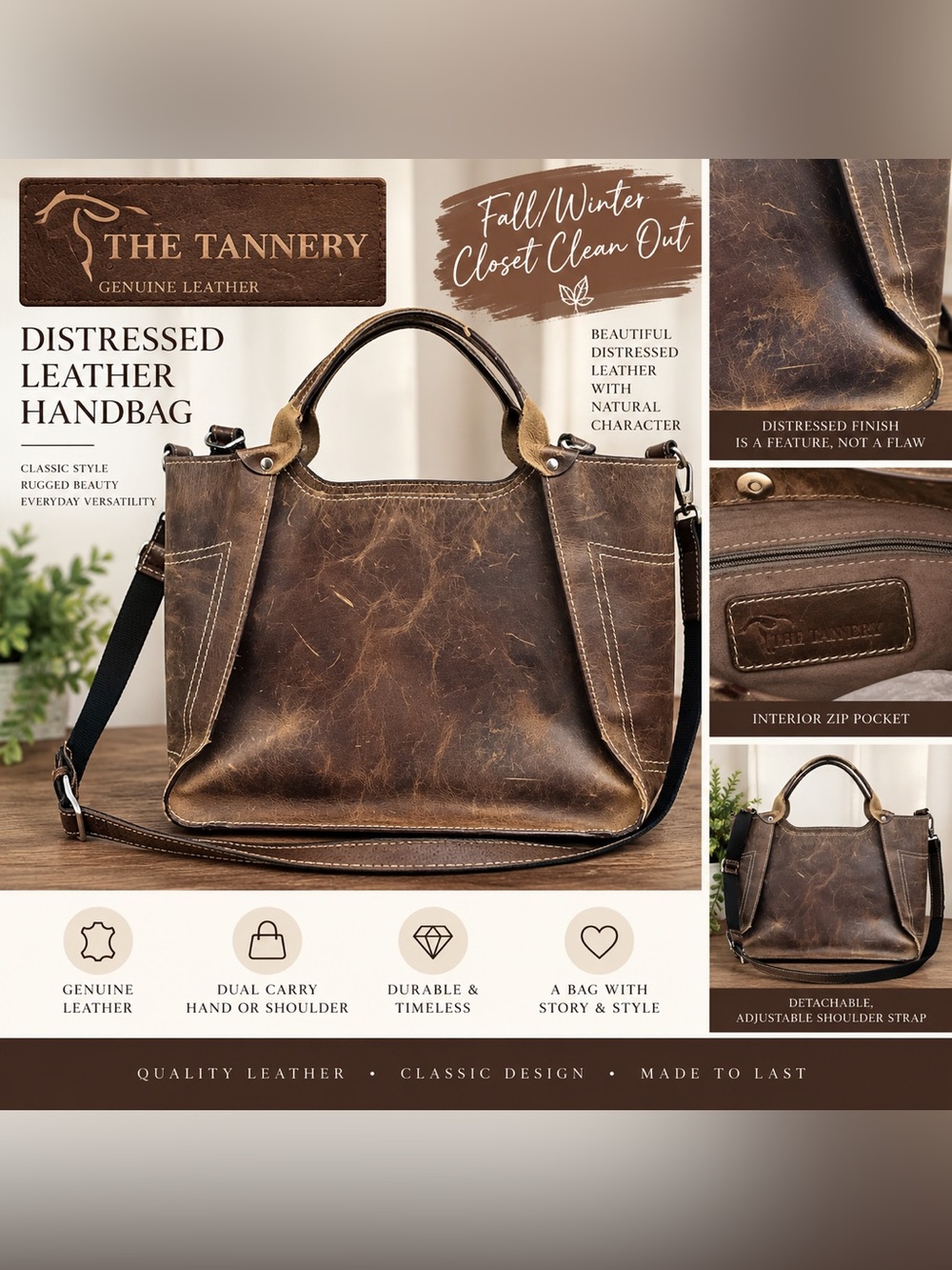 Distressed Leather Crossbody Bag - Brown